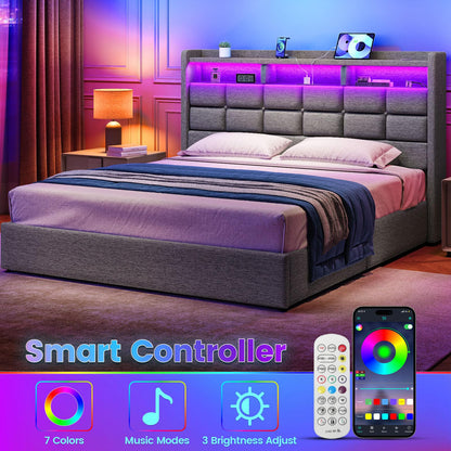 Driftalia Lift Up Queen Bed Frame with Storage, Upholstered Bed Frame Queen Size with LED Lights Headboard and Charging Station, No Box Spring Needed, Easy Assembly - Light Grey