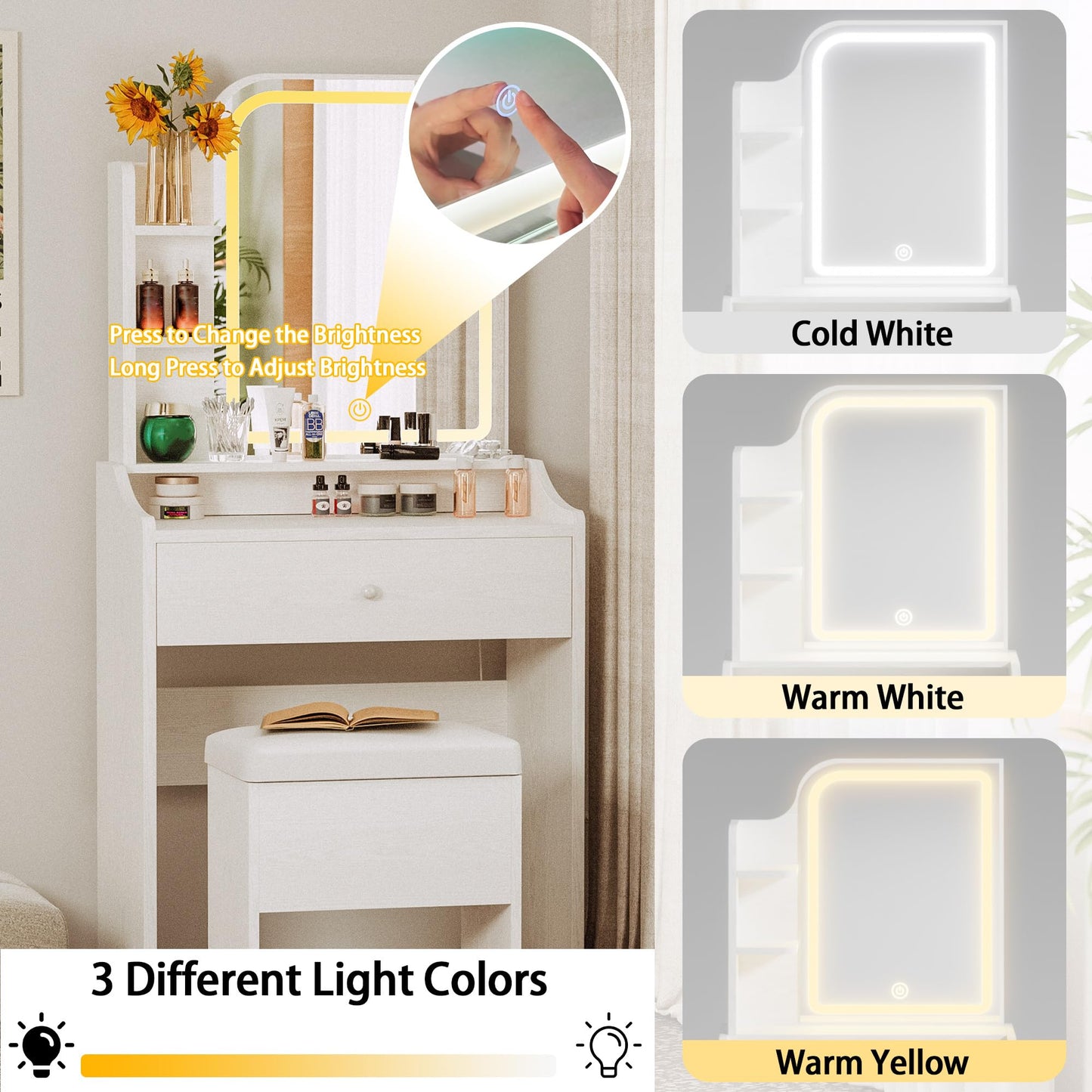 LIKIMIO Small Makeup Vanity Desk with Mirror and Lights, Vanity Table Set with Storage Drawer, Chair and Three Shelves, Bedroom, White