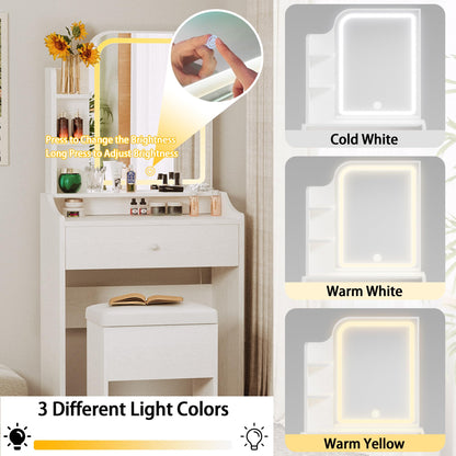 LIKIMIO Small Makeup Vanity Desk with Mirror and Lights, Vanity Table Set with Storage Drawer, Chair and Three Shelves, Bedroom, White