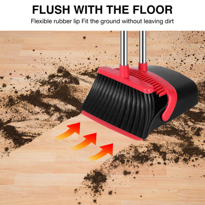 NACENA Broom and Dustpan Set, 52-in Long Adjustable Handle Broom Dustpan Combo with Dustpan Teeth to Automatically Clean Hair Suitable for Home Kitchen Office Hall Floor（Black&Red）