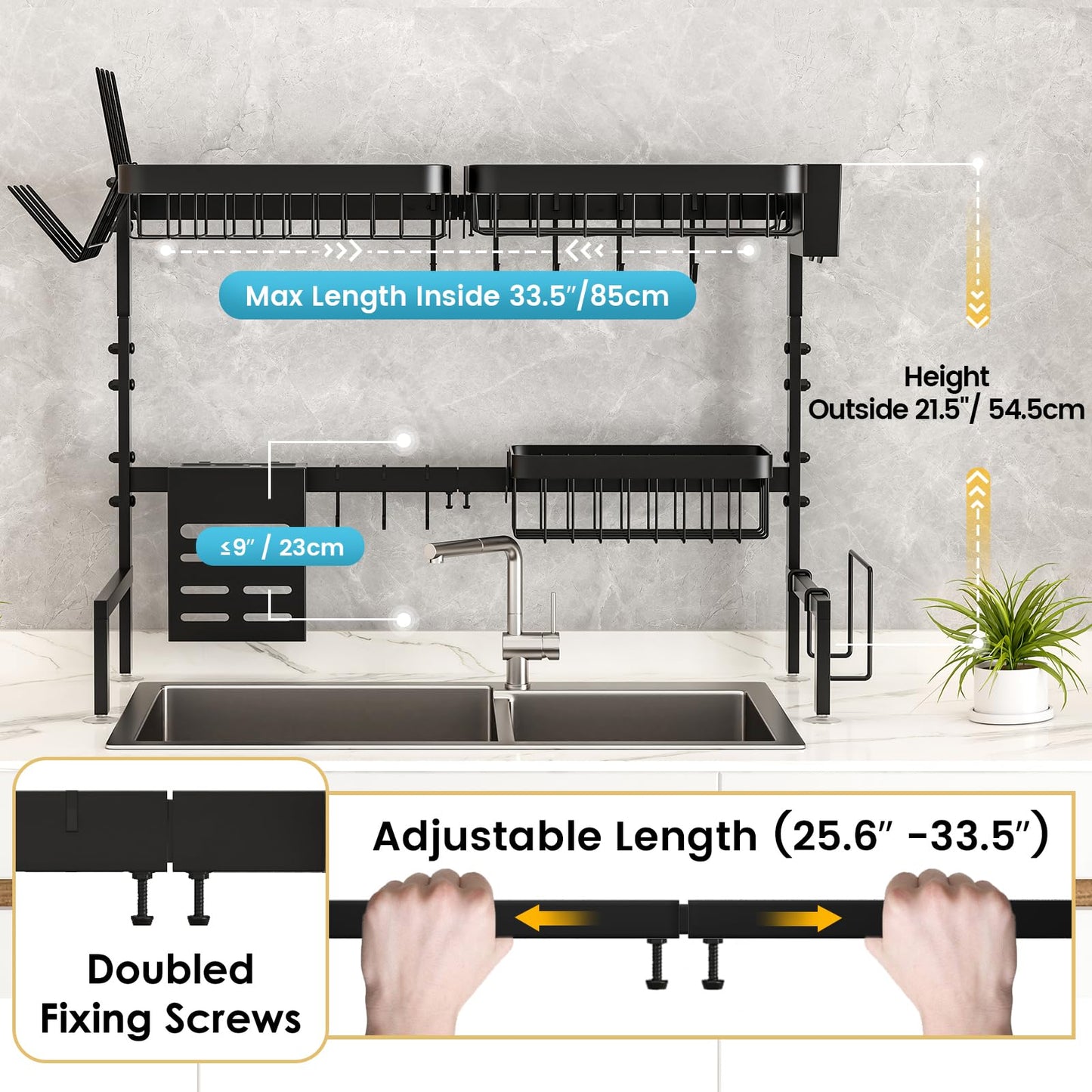 MERRYBOX Over The Sink Dish Drying Rack Adjustable Length (25-33in), 2 Tier Dish Rack Over Sink with Multiple Baskets Utensil Holder Cup Holder, Large Dish Rack for Kitchen Sink Organizer