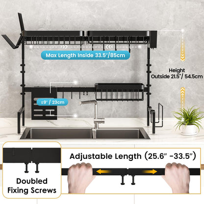 MERRYBOX Over The Sink Dish Drying Rack Adjustable Length (25-33in), 2 Tier Dish Rack Over Sink with Multiple Baskets Utensil Holder Cup Holder, Large Dish Rack for Kitchen Sink Organizer