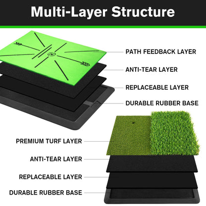 Golf Hitting Mat, Golf Mats Practice Outdoor Indoor for Swing Path Feedback Detection Batting, 16"x12" Artificial Dual Turf Golf Mat with Tees for Training, Driving, Chipping
