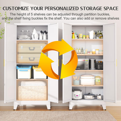 GAIOUS 75.2" Tall Metal Kitchen Pantry Storage Cabinets with 2 Door and 5 Adjustable Shelves, Cupboard for Kitchen, Dining Room, Living Room and Bathroom, White