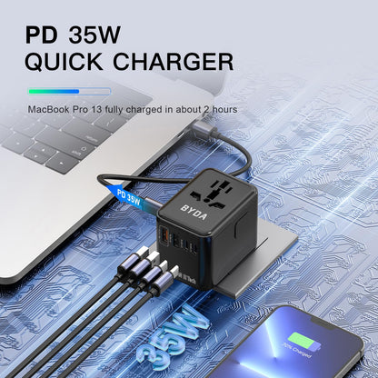PD 35W Fast Charger Universal Travel Adapter 3 USB-C Ports Fast Wall Charger Suit More Than 180 Countries All in One Outlets Plugs 35W GaN 3 Tec for Apple Samsung and Iwatch Tablets Laptops