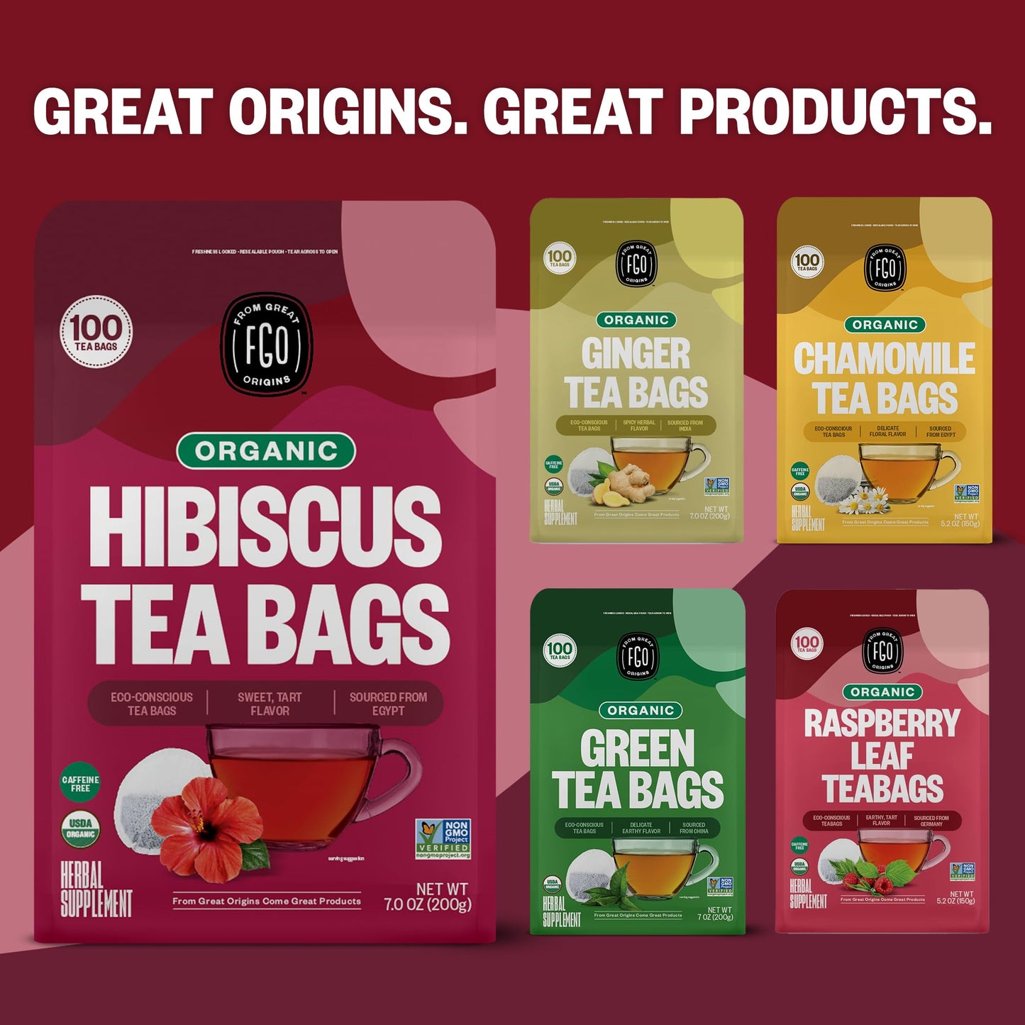 FGO Organic Hibiscus Iced Tea, 36 Eco-Conscious Pitcher Sized Tea Bags, Packaging May Vary (Pack of 1)