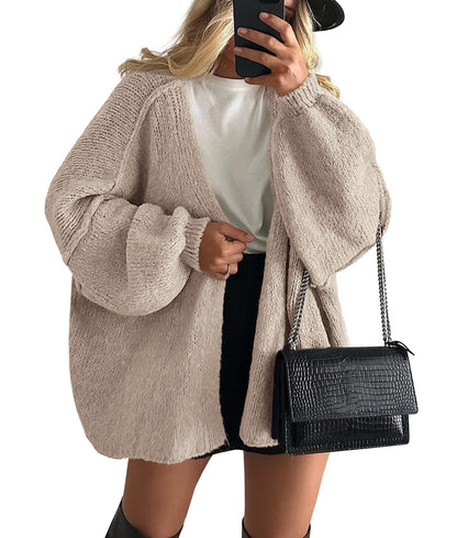 PRETTYGARDEN Womens Oversized Cardigan Sweaters 2025 Fall Long Lantern Sleeve Knit Open Front Lightweight Sweater (Grey Beige,Small)