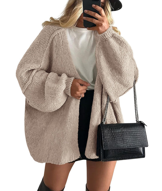 PRETTYGARDEN Womens Oversized Cardigan Sweaters 2025 Fall Long Lantern Sleeve Knit Open Front Lightweight Sweater (Grey Beige,Small)