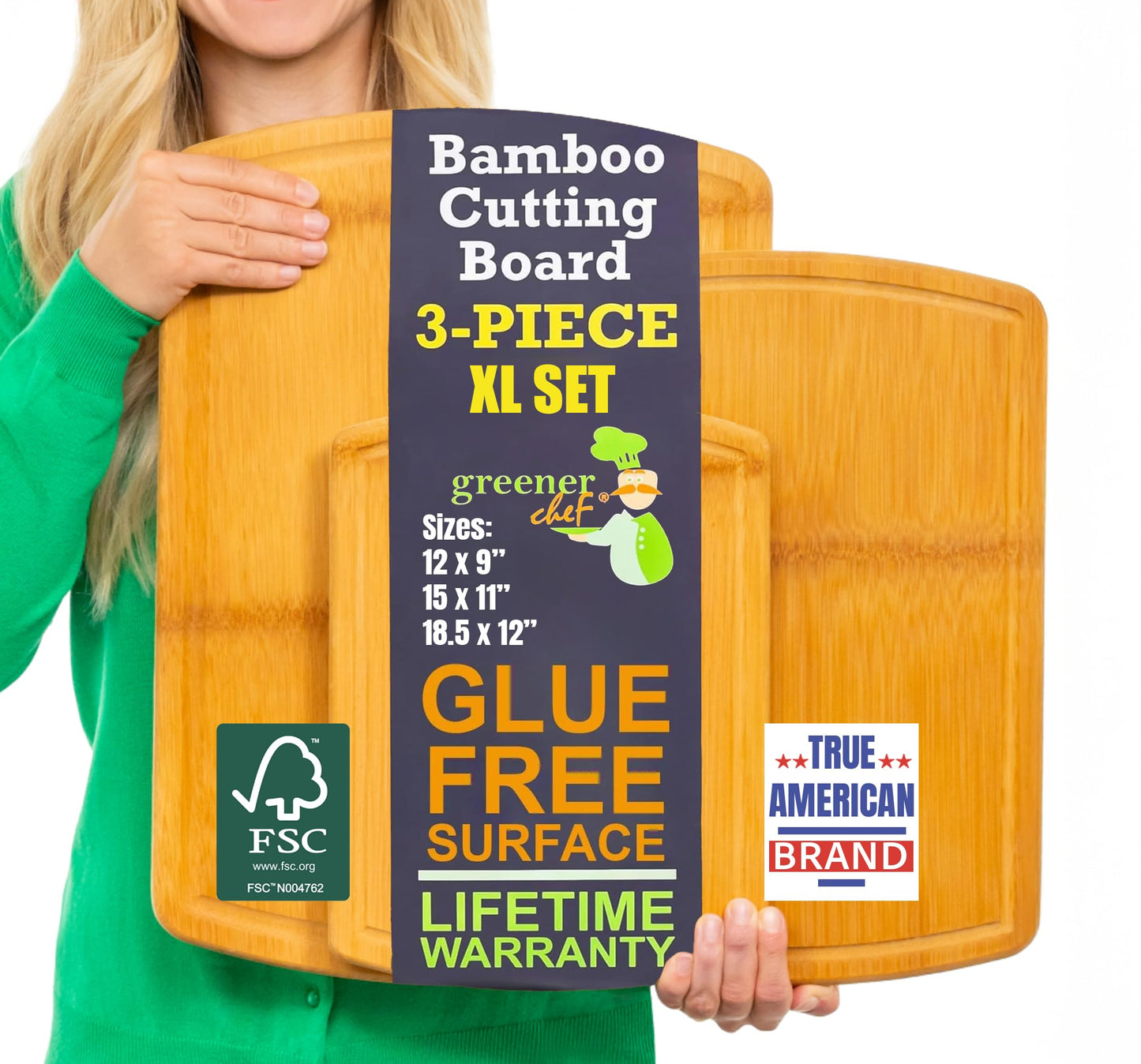 Organic Bamboo Cutting Board Set of 3 with Glue-Free Surface and Lifetime Replacements – Wooden Chopping Board for Kitchen with Juice Grooves for Carving & Serving, Non Toxic & Durable by Greener Chef