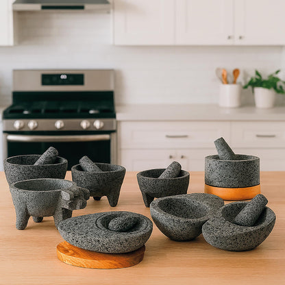 Molcajete 6 in Mexican, Handmade with Natural Volcanic Stone, Artisanal Kitchen Utensil for Grinding with Pores for Crushing, Specially Designed for Grinding Spices, Sauces, and Guacamole