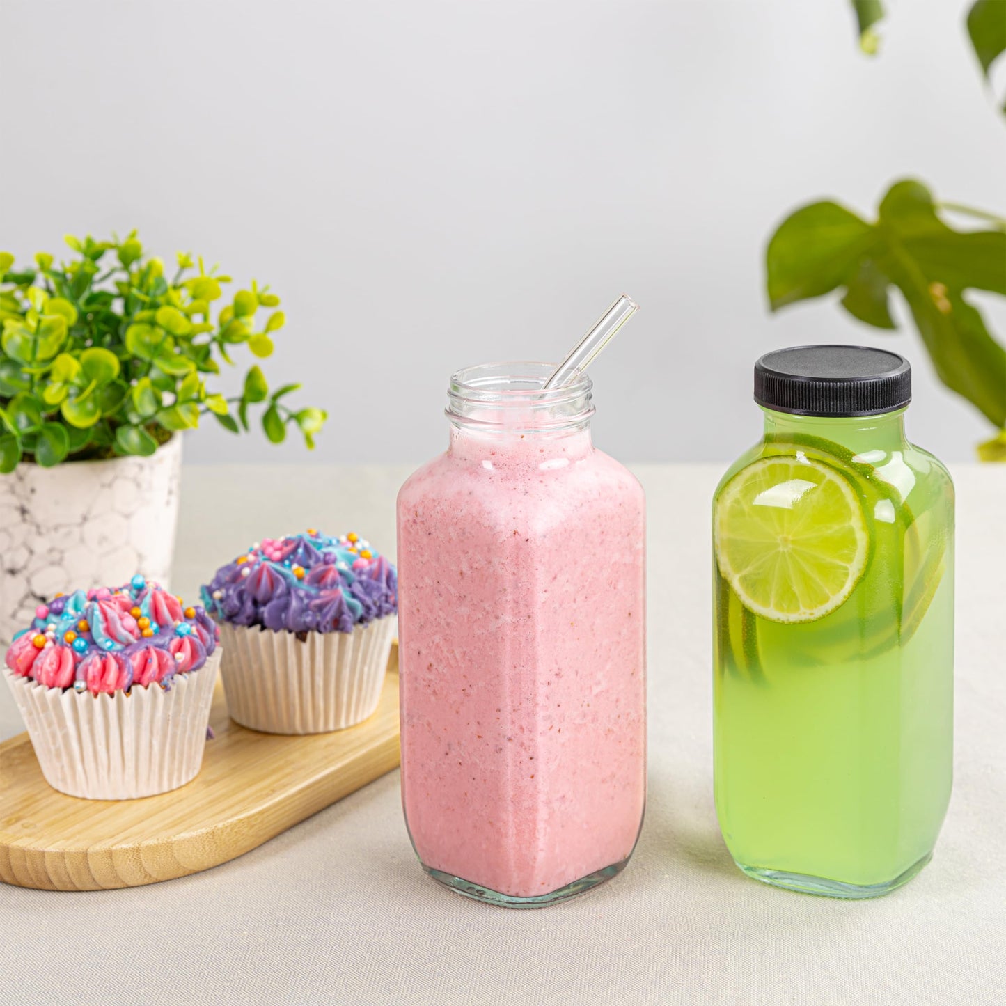 umud Juice Bottles with Lids, 16 Oz - Set of 8 - Clear Glass Jars with Caps - Reusable Empty Drink Containers for Juicing, Smoothies, Water, Milk, Kombucha Storage, Wellness Shots and More (8)