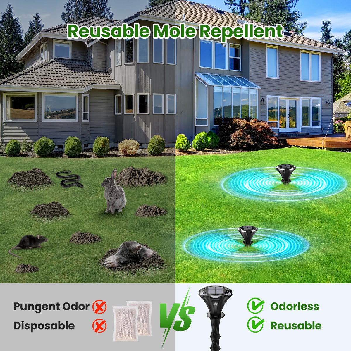 Solar Mole Repellent Ultrasound, Gopher Repeller with LED Night Light, Vole Repeller Outdoor Waterproof, Snake Chipmunk Sonic Spike Stakes in Yard, Lawn, Garden, 4 Pack, Black