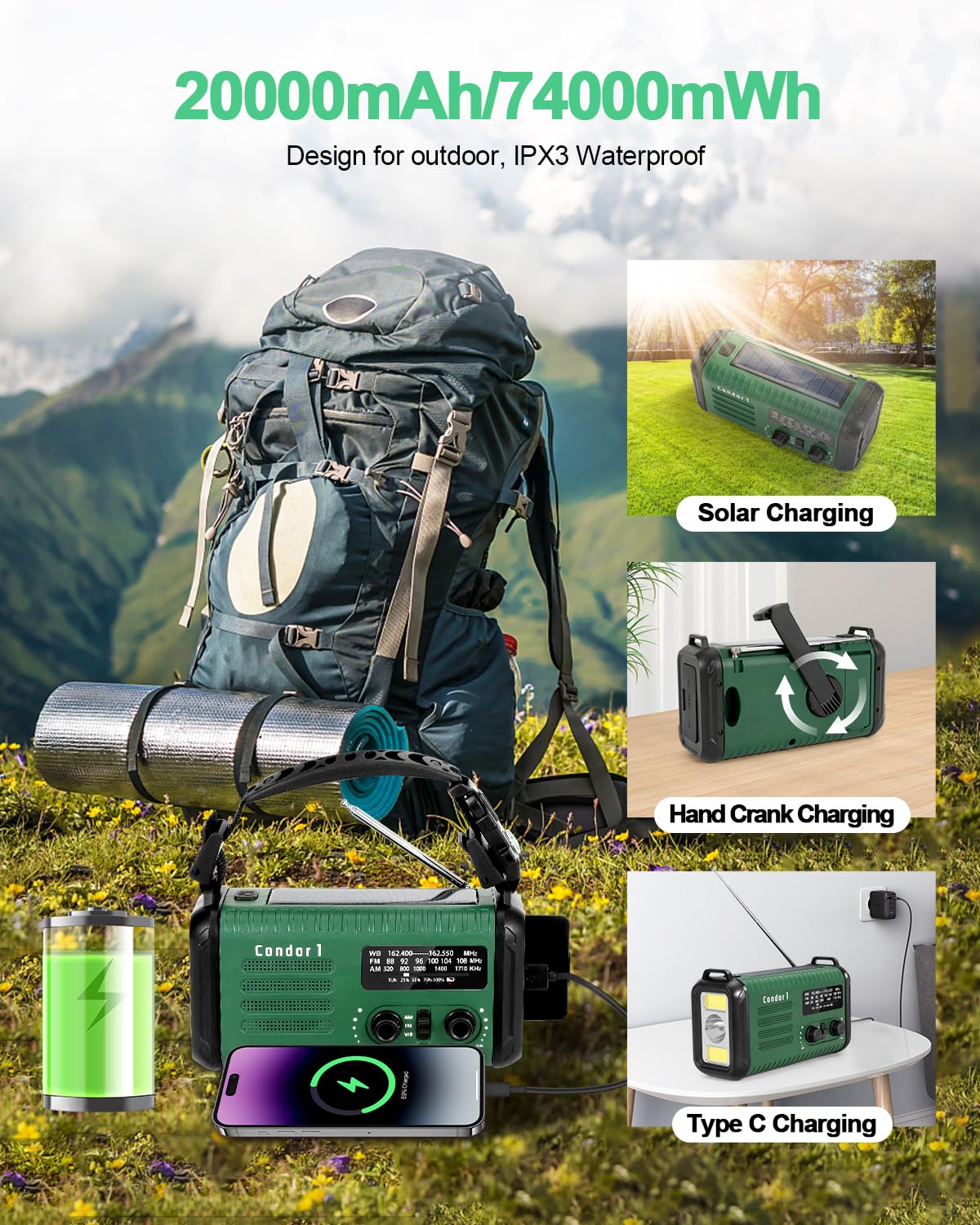 Emergency Crank Radio, 20000mAh / 74000mWh Solar Hand Crank Weather Radio with NOAA/AM/FM, Battery Powered Radio with Cell Phone Charger, Reading Lamp, Flashlight & SOS for Emergencies/Home