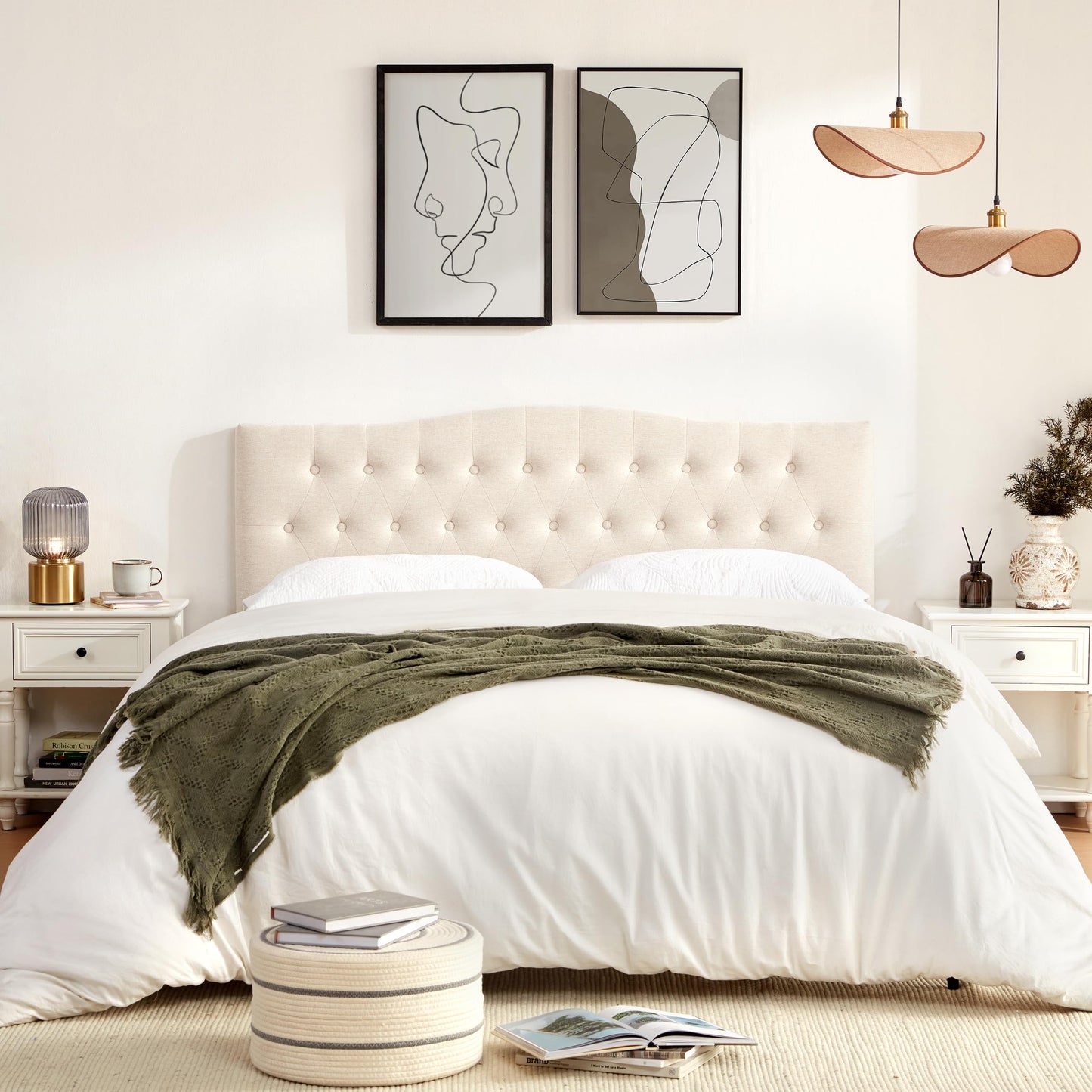 Huatean Home Tufted Upholstered Headboard Queen Size, Sturdy and Durable Solid Wood Bed headboard, Fabric Headboard Adjustable Height from 37” to 51”, Modern Button Diamond Design Head Board, Beige