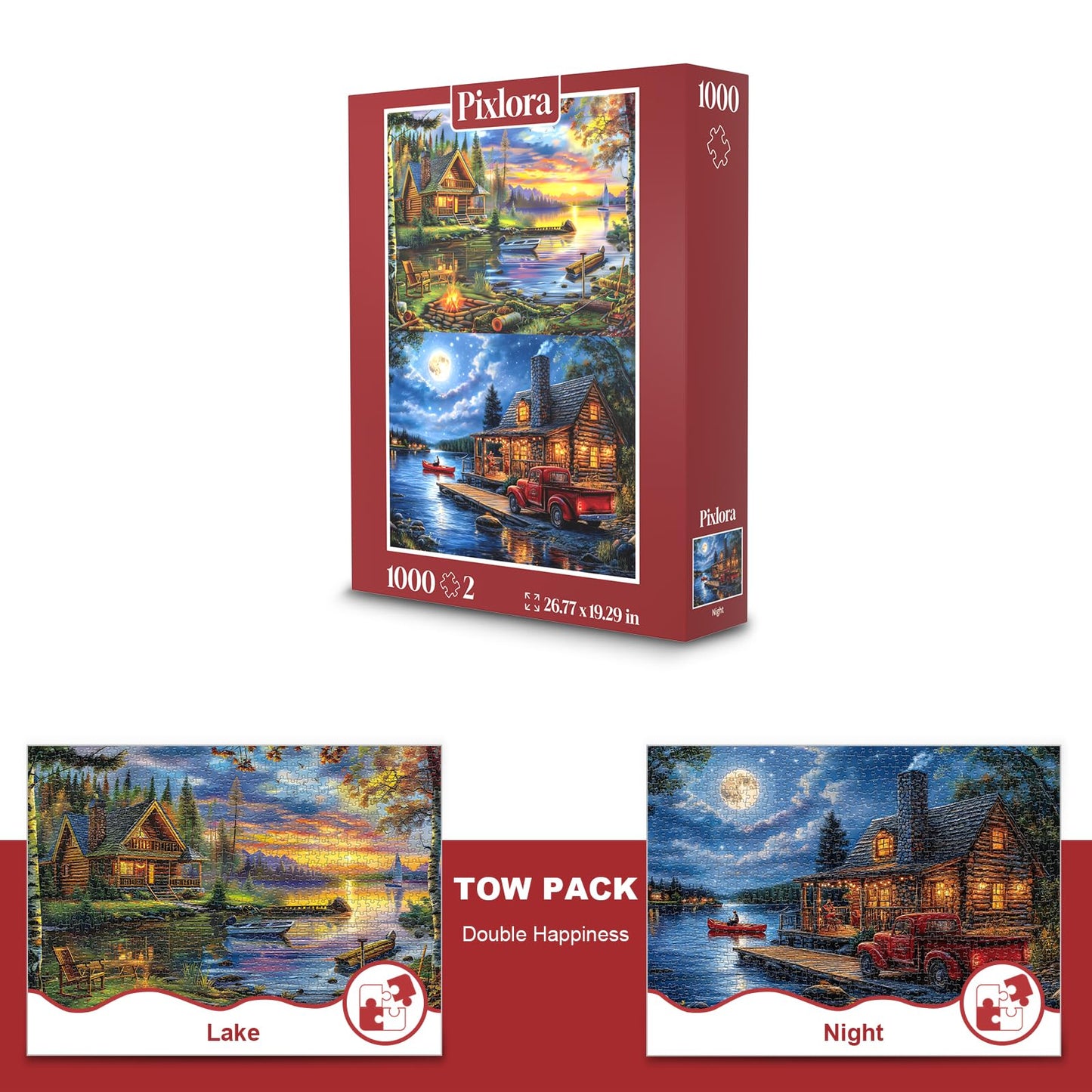 Pixlora Puzzles for Adults 1000 Pieces, 2 Pack Lake and Night View Jigsaw Puzzles, Nature Theme, Challenging Puzzles for Game Night, Perfect for Nature Lovers