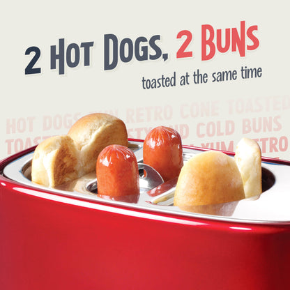 Nostalgia 2 Slot Hot Dog and Bun Toaster with Mini Tongs, Retro Toaster, Cooker that Works Chicken, Turkey, Veggie Links, Sausages Brats, Metallic Red