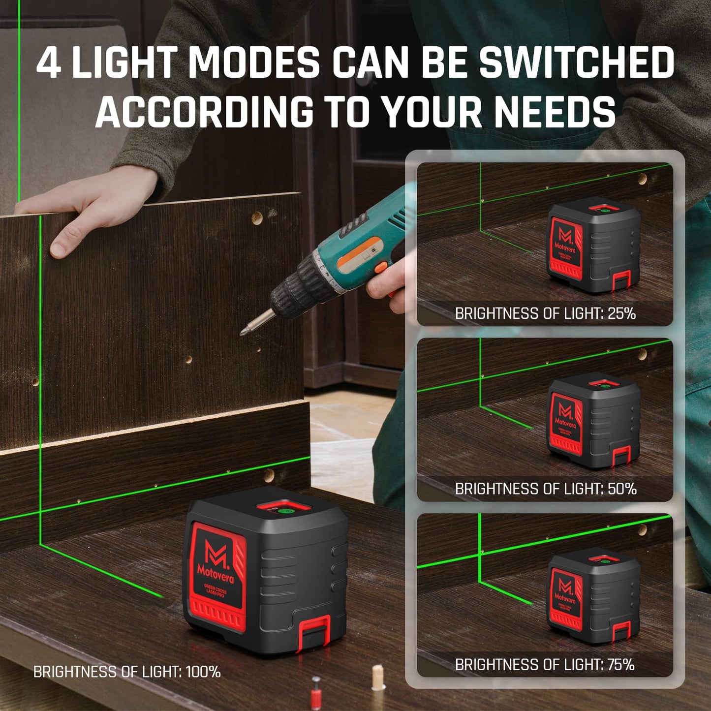 Laser Level, 100 feet Self Leveling Laser Level, Green Cross Line Self leveling, 4 Brightness Adjustment, Manual Self leveling and Pulse Mode, IP54 Waterproof Battery Carrying Bag Included