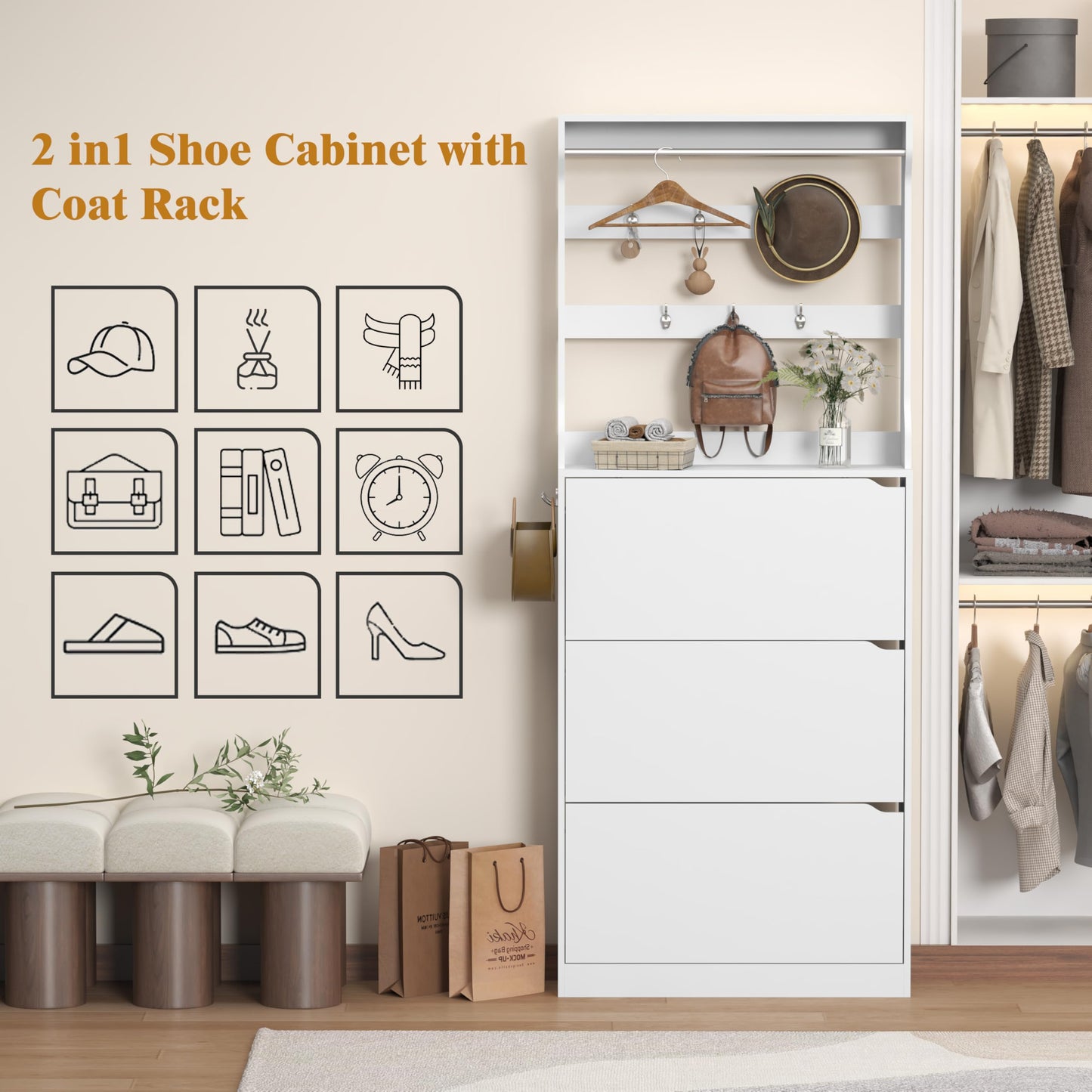 Wodeer Tall Shoe Cabinet with Coat Rack, Hidden Shoe Storage Cabinet with Doors & Drawer, Hanging Bar & Hooks, Slim Narrow Freestanding Shoe Rack Organizer for Entryway, Hallway & Living Room, White