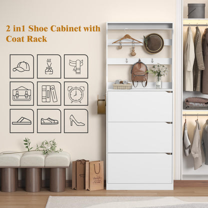 Wodeer Tall Shoe Cabinet with Coat Rack, Hidden Shoe Storage Cabinet with Doors & Drawer, Hanging Bar & Hooks, Slim Narrow Freestanding Shoe Rack Organizer for Entryway, Hallway & Living Room, White