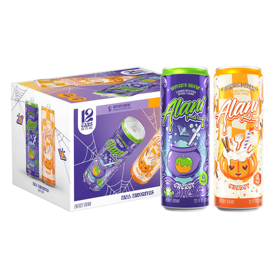 Alani Nu VARIETY PACK - WITCH'S BREW & PUMPKIN CREAM Sugar Free, Low Calorie Energy Drinks, 200mg Caffeine, Antioxidants, Biotin B Vitamins, Zero Sugar, 15 Calories or Less, 12 Fl Oz Cans (12 Pack)