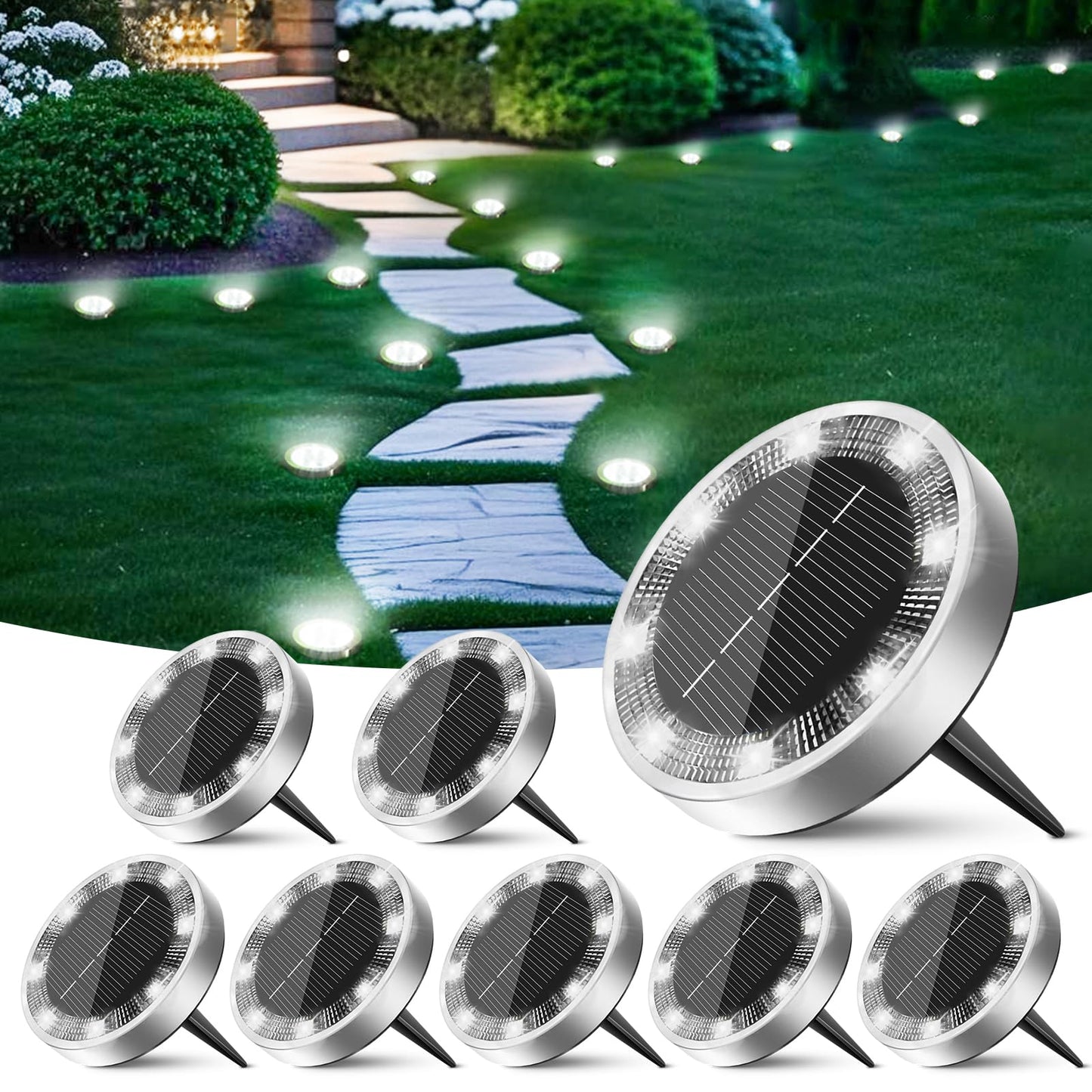 Peasur Solar Ground Lights Outdoor, 8 Pack Flat Solar Powered Disc Lights, IP68 Waterproof, Anti-Rust, Landscape Lighting for Pathway Garden Yard Lawn Walkway Landscape Driveway, Mini, Cool White