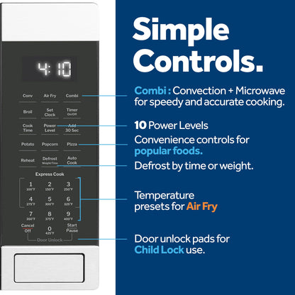 GE GCST10A1WSS 1.0 Cu Ft Convection Microwave Oven, 1050W Countertop Air Fry Microwave with Broil & Crisper Pan, Compact Stainless Steel Design
