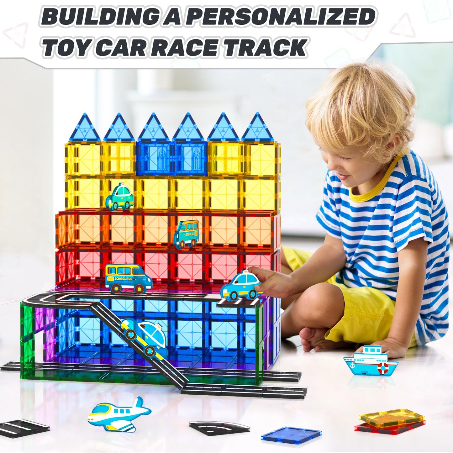 IGIVI Magnetic Tiles - Road Set with Car Toys, STEM Magnetic Blocks Building Toys for Toddlers, Construction Toys for Kids Ages 3+,Gifts Toys for Boys & Girls