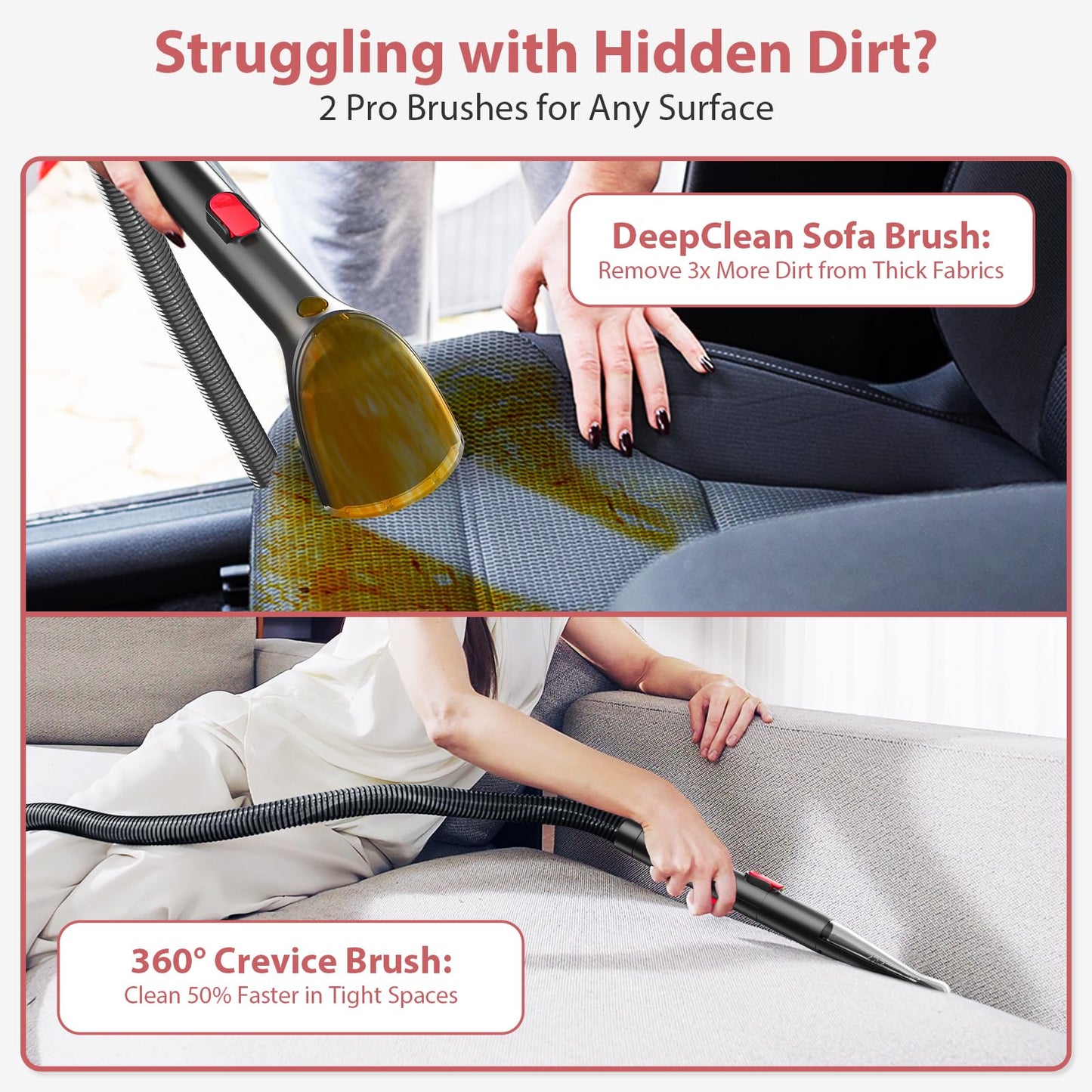Carpet Cleaner, MUJERBAY 15Kpa Portable Spot and Stain Cleaner, Easy Move with Handle, 1.5-inch Deep Cleaning Machine for Couch, Stairs, Car. Red