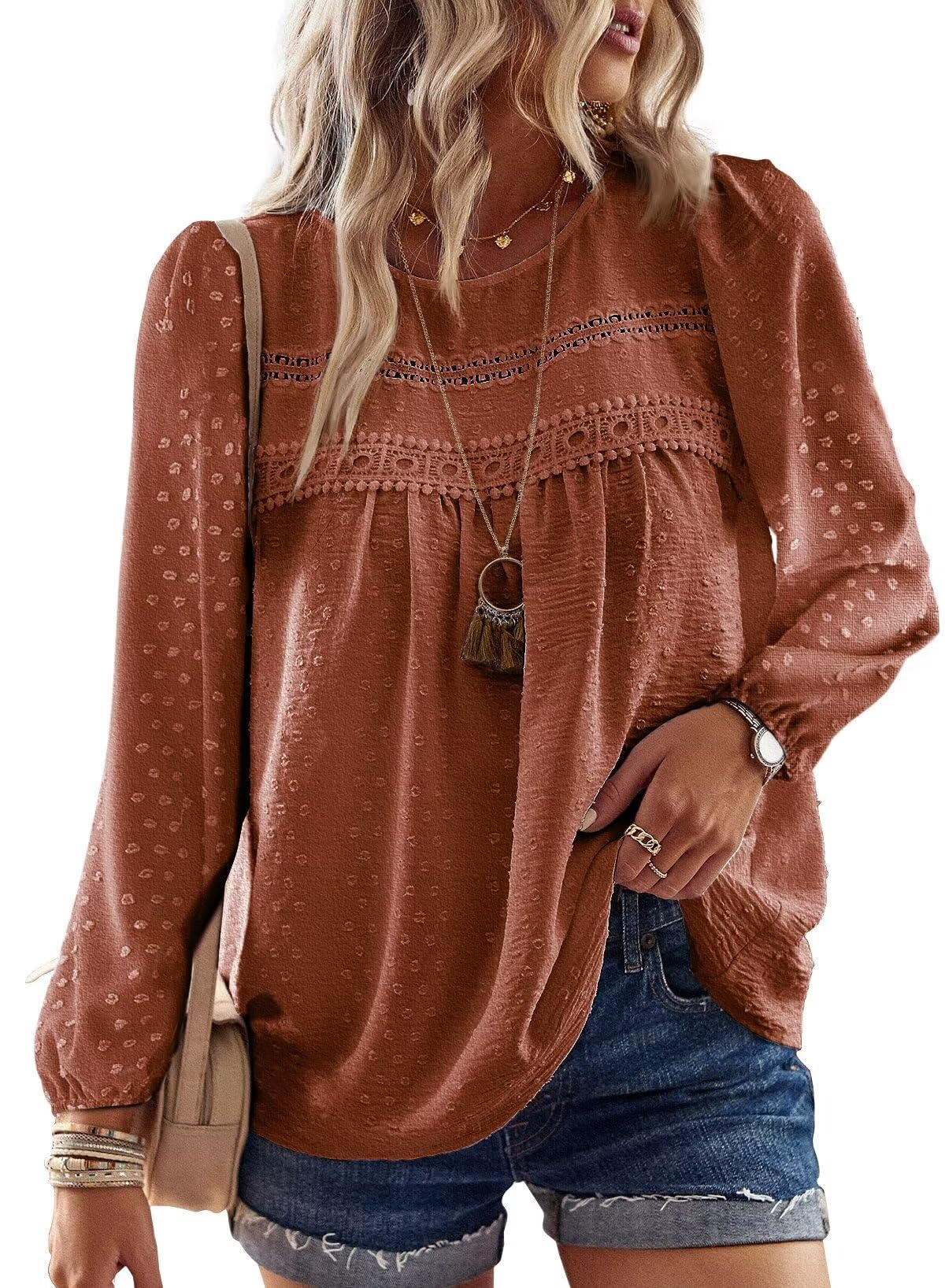Falechay Tunic Tops to Wear with Leggings Bohemian Women's Tunic Tops Lace Crochet Orange Shirts for Women Crew Neck Long Sleeve Women's Blouses L