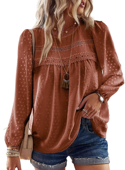 Falechay Tunic Tops to Wear with Leggings Bohemian Women's Tunic Tops Lace Crochet Orange Shirts for Women Crew Neck Long Sleeve Women's Blouses L