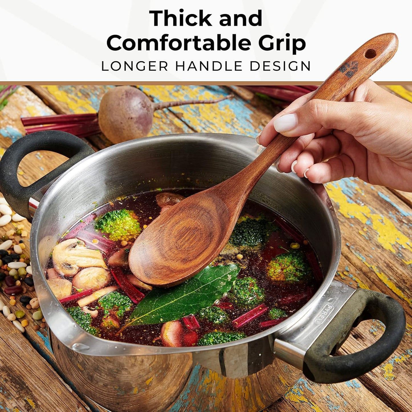 Wooden Spoons for Cooking – 10 Pc Teak Wood Utensil Set, Durable, Nonstick Safe & Heat Resistant with Ergonomic Handles