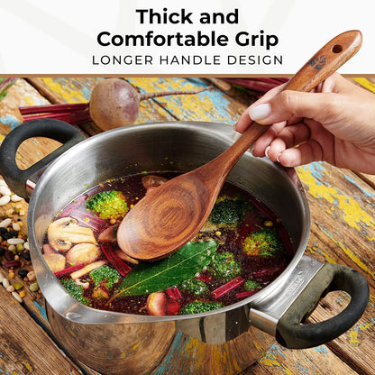 Wooden Spoons for Cooking – 10 Pc Teak Wood Utensil Set, Durable, Nonstick Safe & Heat Resistant with Ergonomic Handles