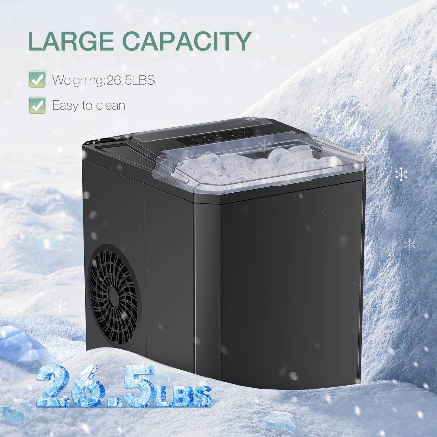SMUG Countertop Ice Maker,9 Cubes in 6 Mins,26lbs in 24Hrs,2 Sizes of Bullet Ice,Auto-Cleaning,Portable Ice Machine with Handle,Basket and Scoop for Home Kitchen,Party and Camping(Elegant Black)