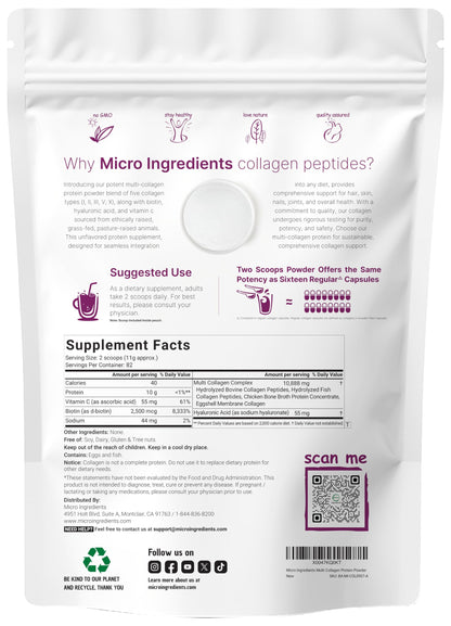 Micro Ingredients Multi Collagen Protein Powder, 2 Pounds – Type I,II,III,V,X with Biotin, Hyaluronic Acid, Vitamin C – Unflavored Collagen Peptides – Keto & Paleo Friendly, Easy Dissolve, Non-GMO