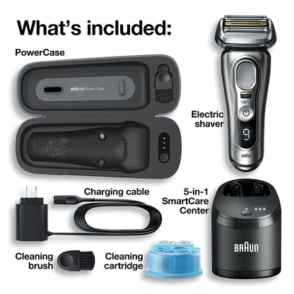 Braun Electric Razor for Men, Waterproof Foil Shaver, Series 9 Pro 9477cc, Wet & Dry Shave, with Portable Charging Case, ProLift Beard Trimmer, 5-in-1 Cleaning & Charging SmartCare Center, Silver