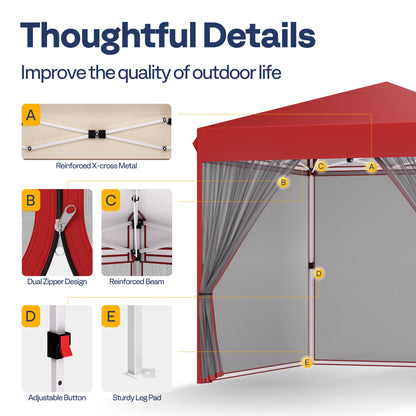 VIVOHOME 10x10ft Easy Pop-Up Screen Tent, Outdoor Canopy Tent with Mosquito Netting, 2 Zipper Doors, and Roller Bag for Yard Camping Picnic Party Events, Red
