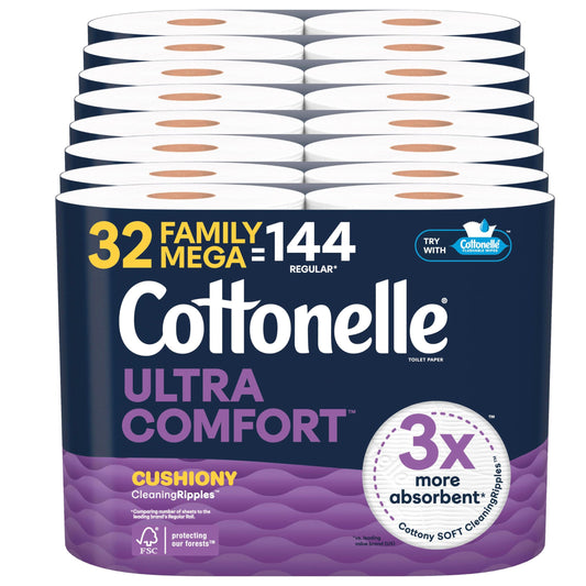Cottonelle Ultra Comfort Toilet Paper with Cushiony CleaningRipples Texture, 32 Family Mega Rolls = 144 Regular Rolls (8 Packs of 4)