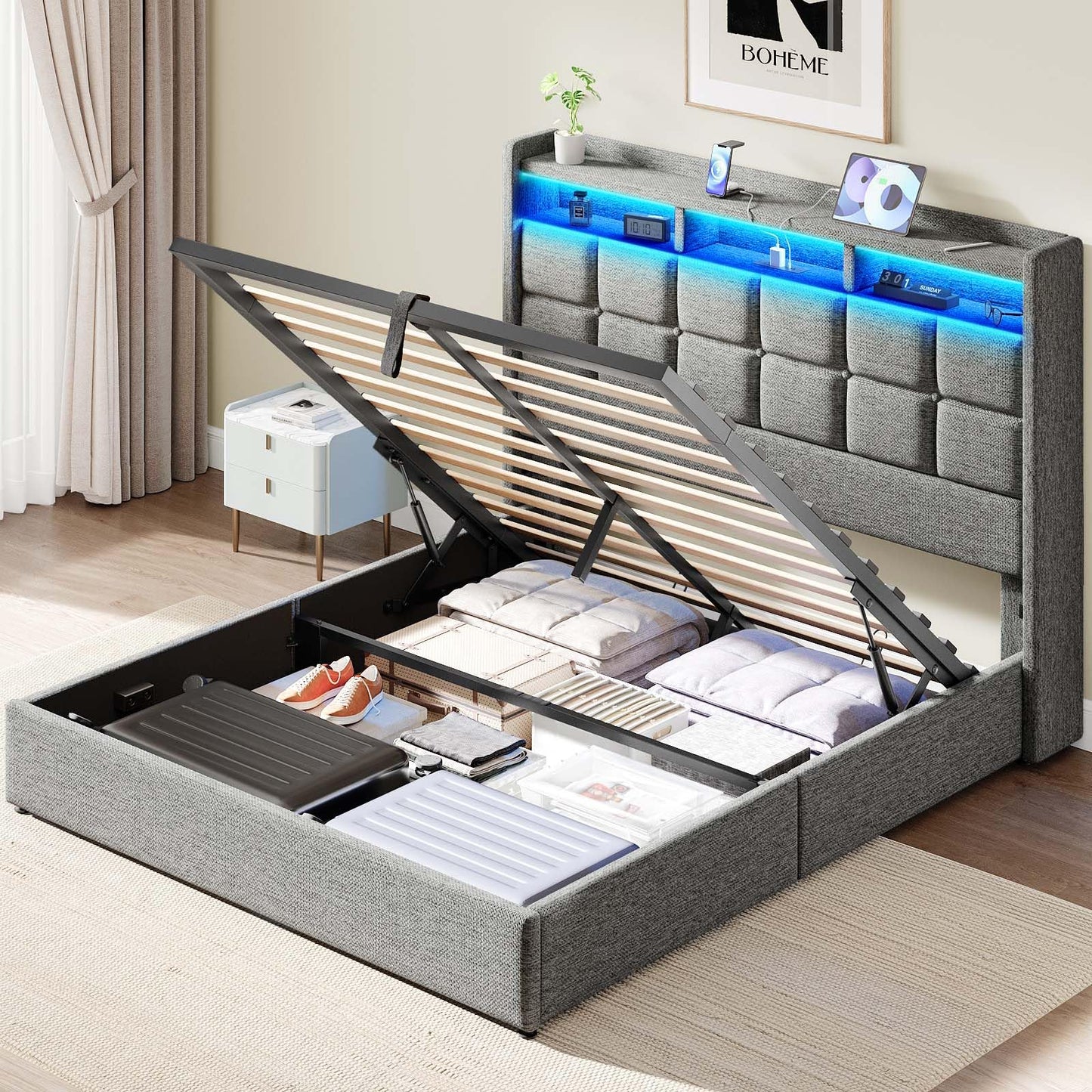 Driftalia Lift Up Queen Bed Frame with Storage, Upholstered Bed Frame Queen Size with LED Lights Headboard and Charging Station, No Box Spring Needed, Easy Assembly - Light Grey