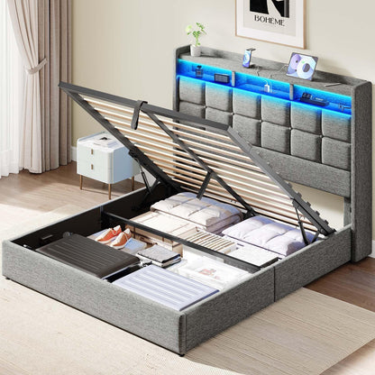 Driftalia Lift Up Queen Bed Frame with Storage, Upholstered Bed Frame Queen Size with LED Lights Headboard and Charging Station, No Box Spring Needed, Easy Assembly - Light Grey