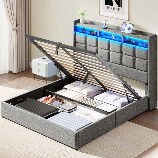 Driftalia Lift Up Queen Bed Frame with Storage, Upholstered Bed Frame Queen Size with LED Lights Headboard and Charging Station, No Box Spring Needed, Easy Assembly - Light Grey