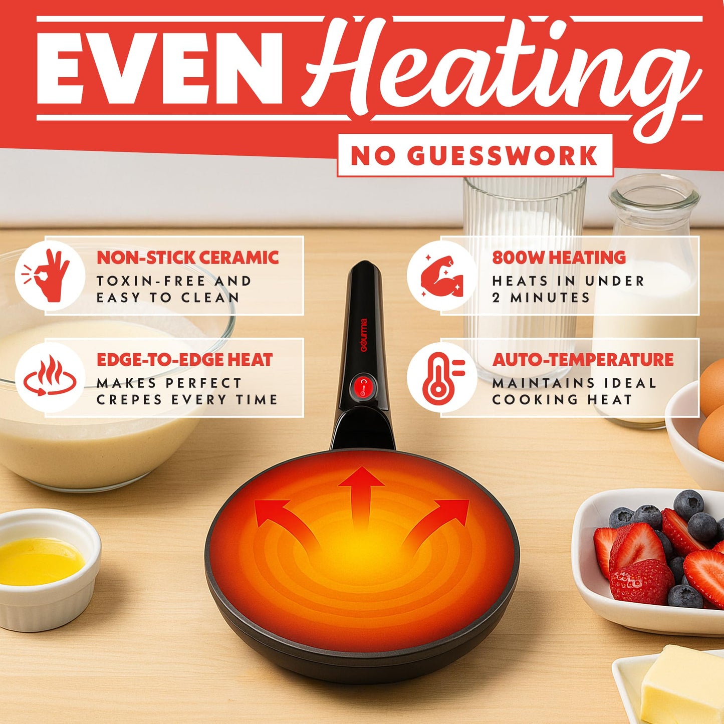 Gourmia 8” Electric Crepe Maker – Nonstick Ceramic Surface, One-Touch Operation, Includes Batter Tray, Compact & Easy to Clean, Crepe, Pancake & Tortilla Maker