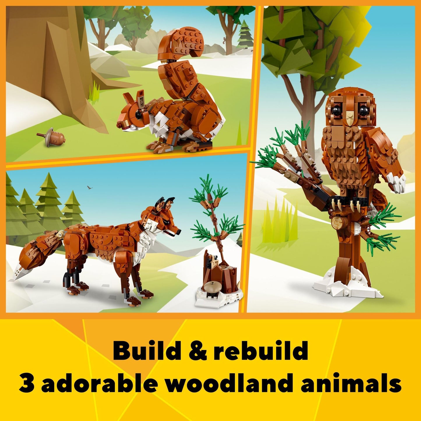 LEGO Creator 3 in 1 Forest Animals Red Fox Toys - Building Toys for Kids, Boys & Girls, Ages 9+ - Animal Figurine W/ 3 Building Options into Fox, Owl, or Squirrel - 31154