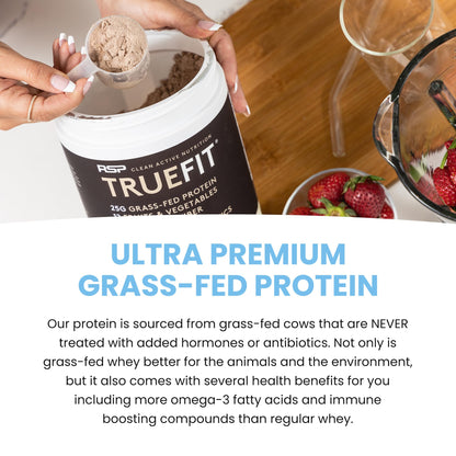TrueFit High Fiber Protein Powder, Grass-Fed Whey Meal Replacement Shake with Prebiotics, Probiotics, & Organic Superfoods, Keto Friendly, Gluten Free