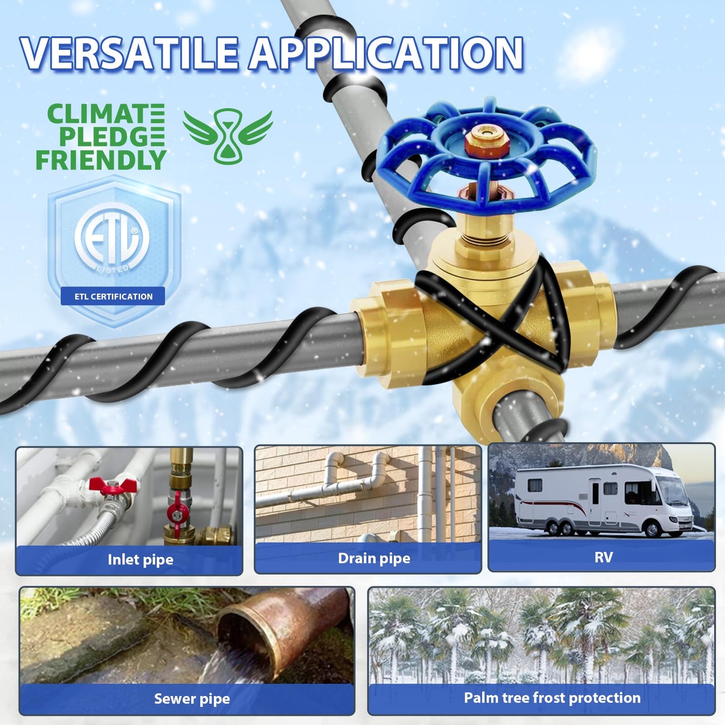 TOPDURE Self-Regulating Pre-assembled Water Pipe Heat Cable for Pipe Freeze Protection, Energy-Saving Pipe Heating Cable Keeps Water Flowing at -40°F 120V 40FT