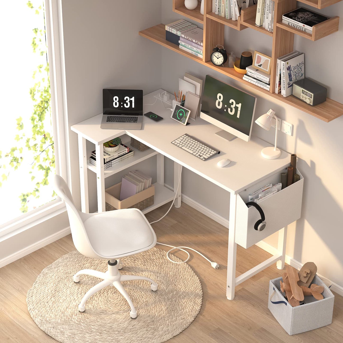 Lufeiya White L Shaped Computer Desk with Power Outlet Shelves, 40 Inch Small Corner Desk for Small Space Home Office, L-Shaped Desk PC Desks, White