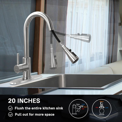 WEWE Single Handle High Arc Brushed Nickel Pull Out Kitchen Faucet,Single Level Stainless Steel Kitchen Sink Faucets with Pull Down Sprayer,Suitable for Laundry Rv Bar