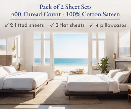 California Design Den 2-Pack Queen Bedsheet Sets - 400 Thread Count 100% Cotton Sateen - Extra Soft, Breathable & Cooling Sheets, Wrinkle Resistant, 2 Sets of Deep Pocket Bed Sheets - Bright White