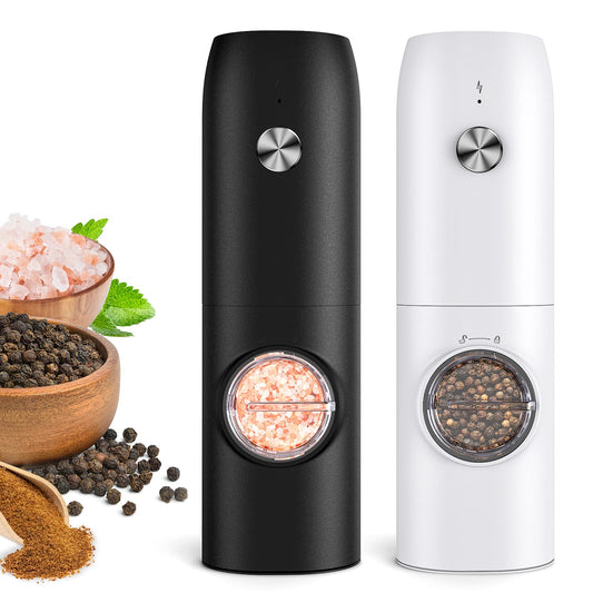 Electric Salt and Pepper Grinder Set (2 Pack), Rechargeable - No Battery Needed - Automatic Salt Pepper Mill Grinder, Adjustable Coarseness, LED Light, One-Hand Operation for Kitchen BBQ