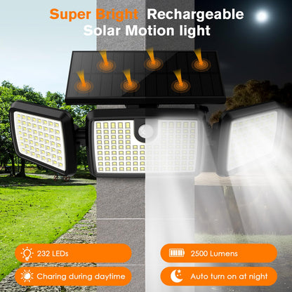 Solar Lights Outdoor, Quick Charge 3 Head Solar Motion Lights Outdoor with 2500LM 232 LEDs High Brightness, Larger Built-in Tempered Glass Solar Panel, Sensitive PIR Motion Inductor (2-Pack)