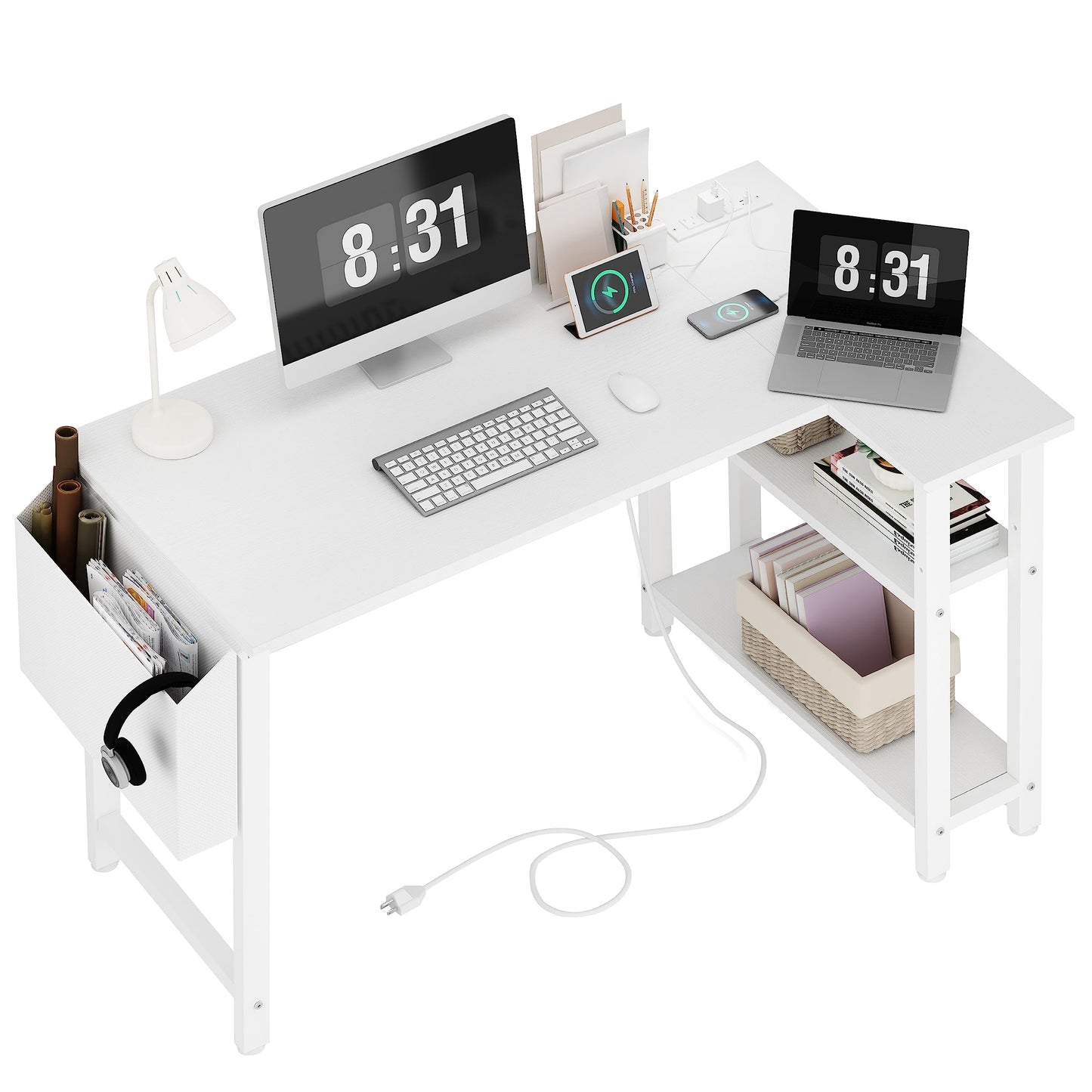 Lufeiya White L Shaped Computer Desk with Power Outlet Shelves, 40 Inch Small Corner Desk for Small Space Home Office, L-Shaped Desk PC Desks, White